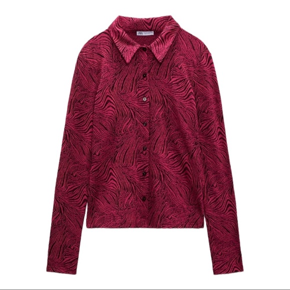 Zara Women Size M Shirt Animal Print Long Sleeve Collar Knit Blouse Fuchsia NWT - Picture 13 of 14
